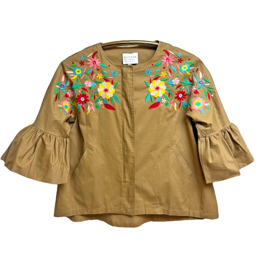 Anthro Hayden Khaki Cotton Floral‎ Embroidered Bell Sleeve Twill Jacket